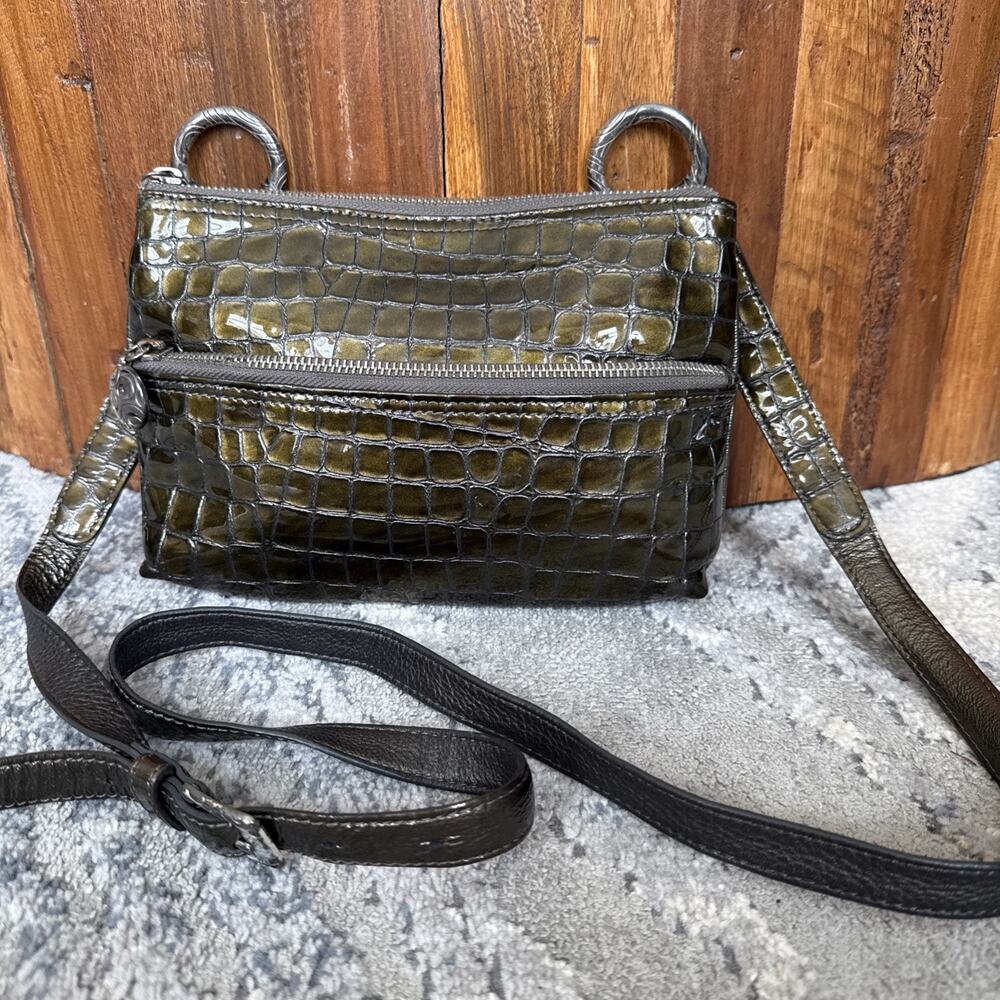 Brighton Faux Crocodile Patent Leather Crossbody Bag Purse Green Flaws X